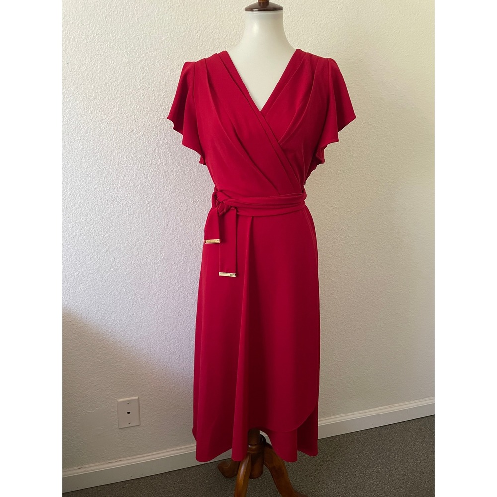 DKNY Faux Wrap Dress Women 10 Crepe Flutter Sleeve Midi Cocktail Romantic